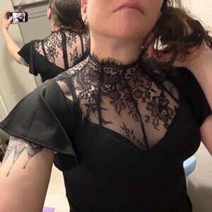 Scarlet Darkness Women's Black Goth Dresses Lace Neckline Vintage Party Dress L